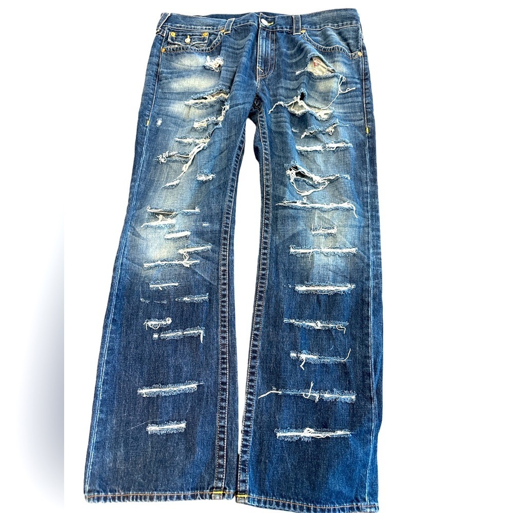 True Religion Ricky Straight Jean Men’s High Distressed Blue Excellent Sz 42x33